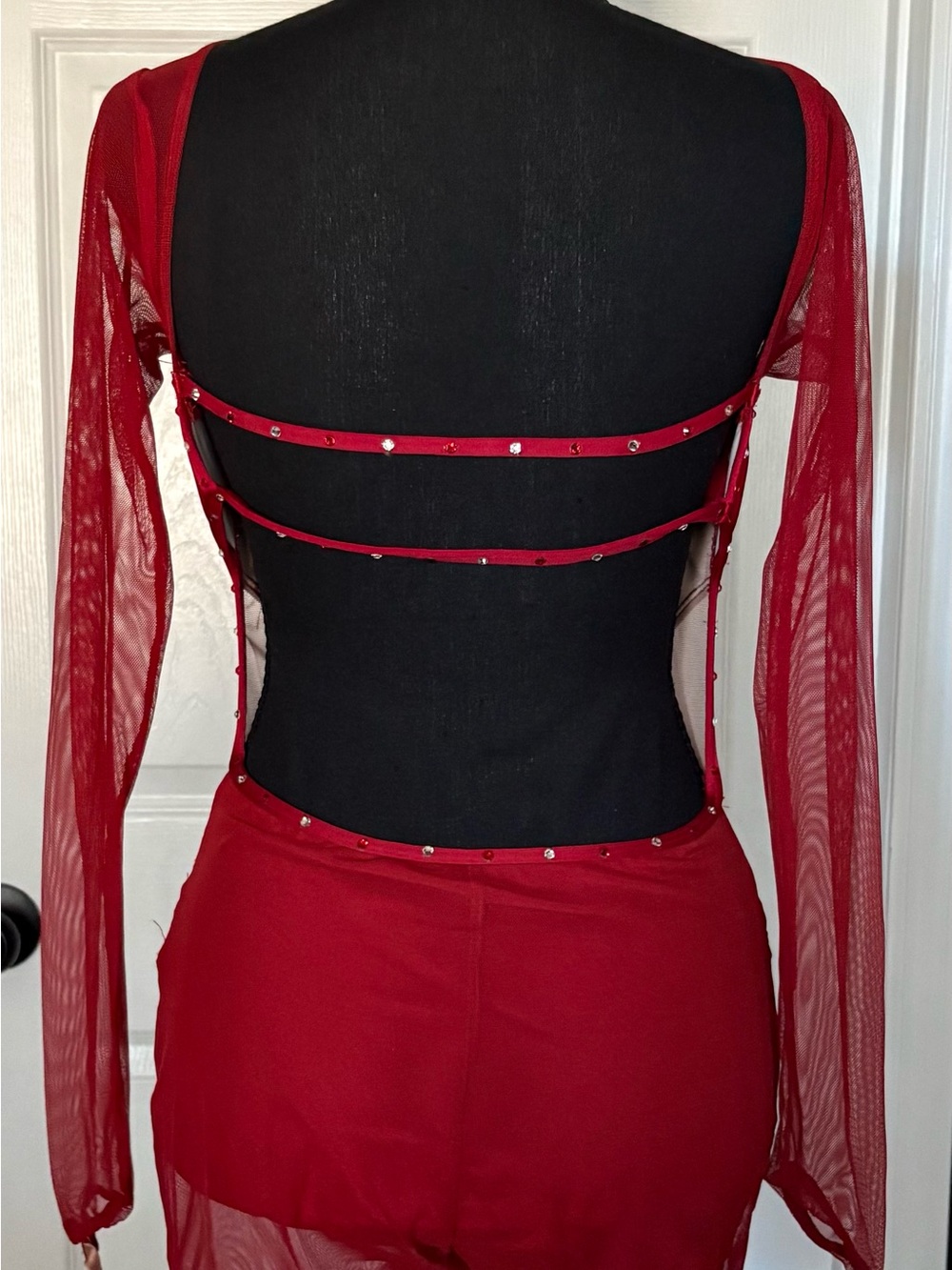 Red Sheer & Mesh Rhinestone Bodysuit - Picture 2 of 3